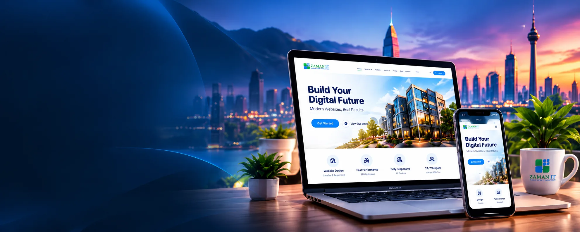 ZAMAN IT — Building Your Digital Future ZAMAN IT digital experience displayed on a laptop and mobile phone against a modern city skyline